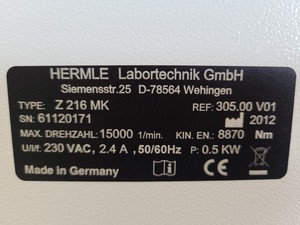 Thumbnail image of Hermle Microlitre Benchtop Refrigerated Centrifuge Z 216 MK Lab