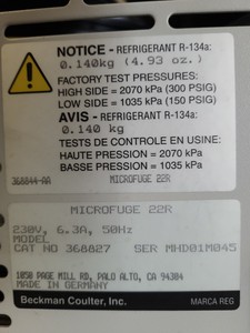 Thumbnail image of Beckman Microfuge 22R Refrigerated Centrifuge with F241.5P 14000rpm Rotor Lab