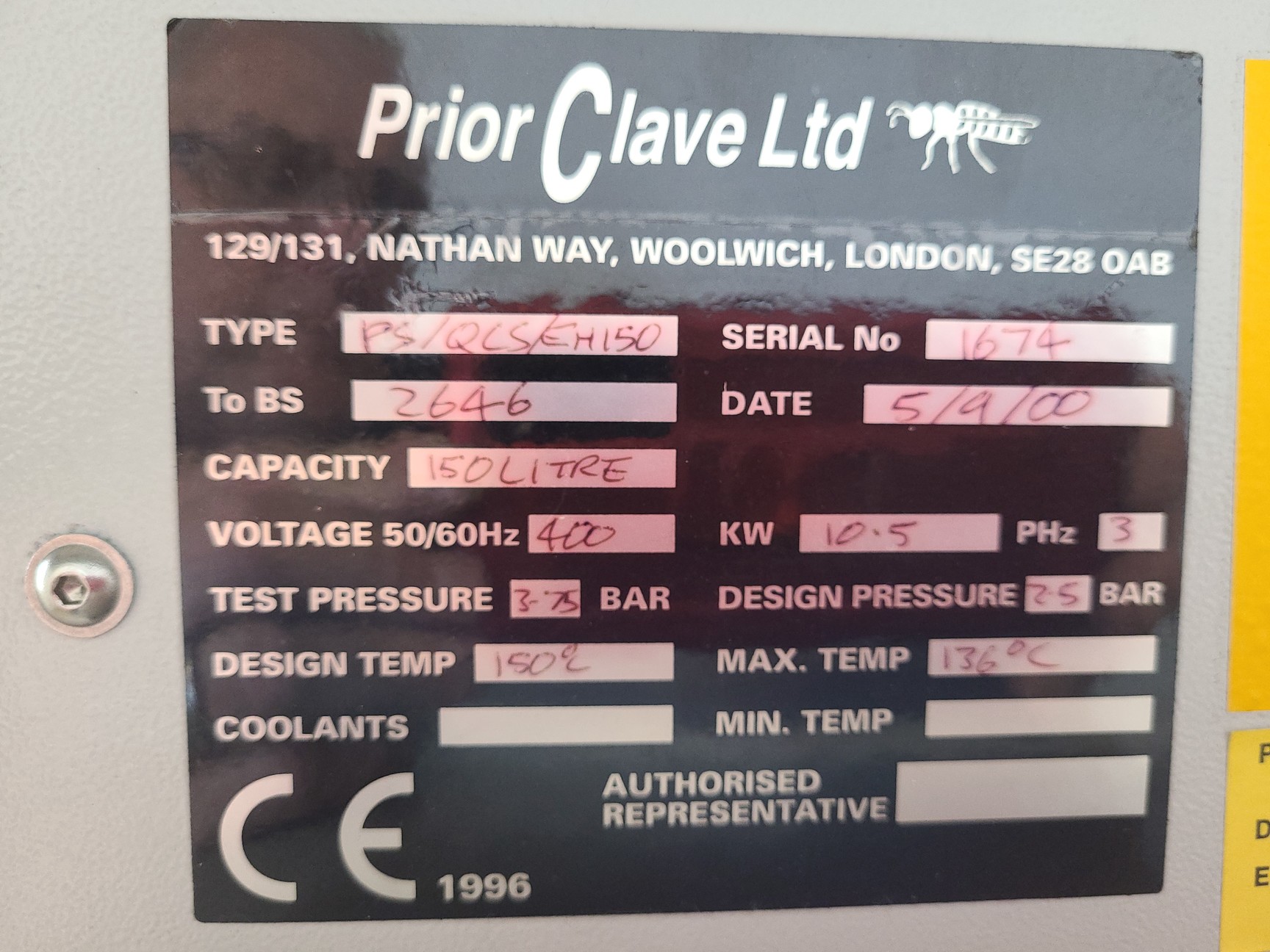 Image of Priorclave Tactrol 2 PS/QCS/EH150 Laboratory Autoclave Lab Spares/Repairs