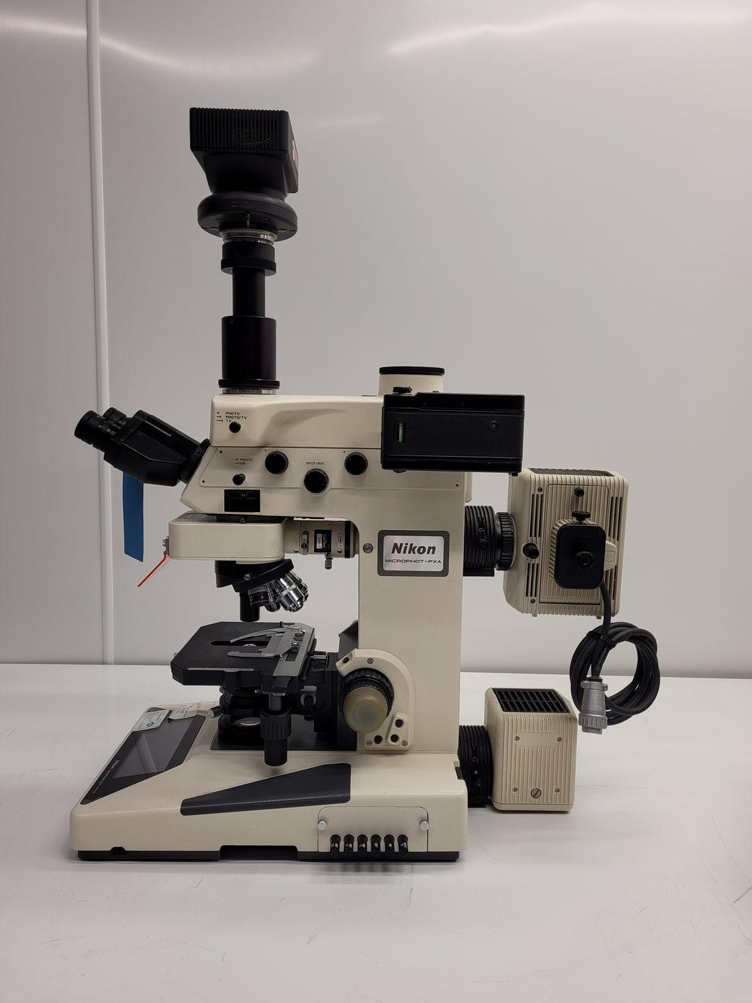 Image of Nikon Microphot-FXA Fluorescence Microscope with HP-10101AF PSU & 4 x Objectives