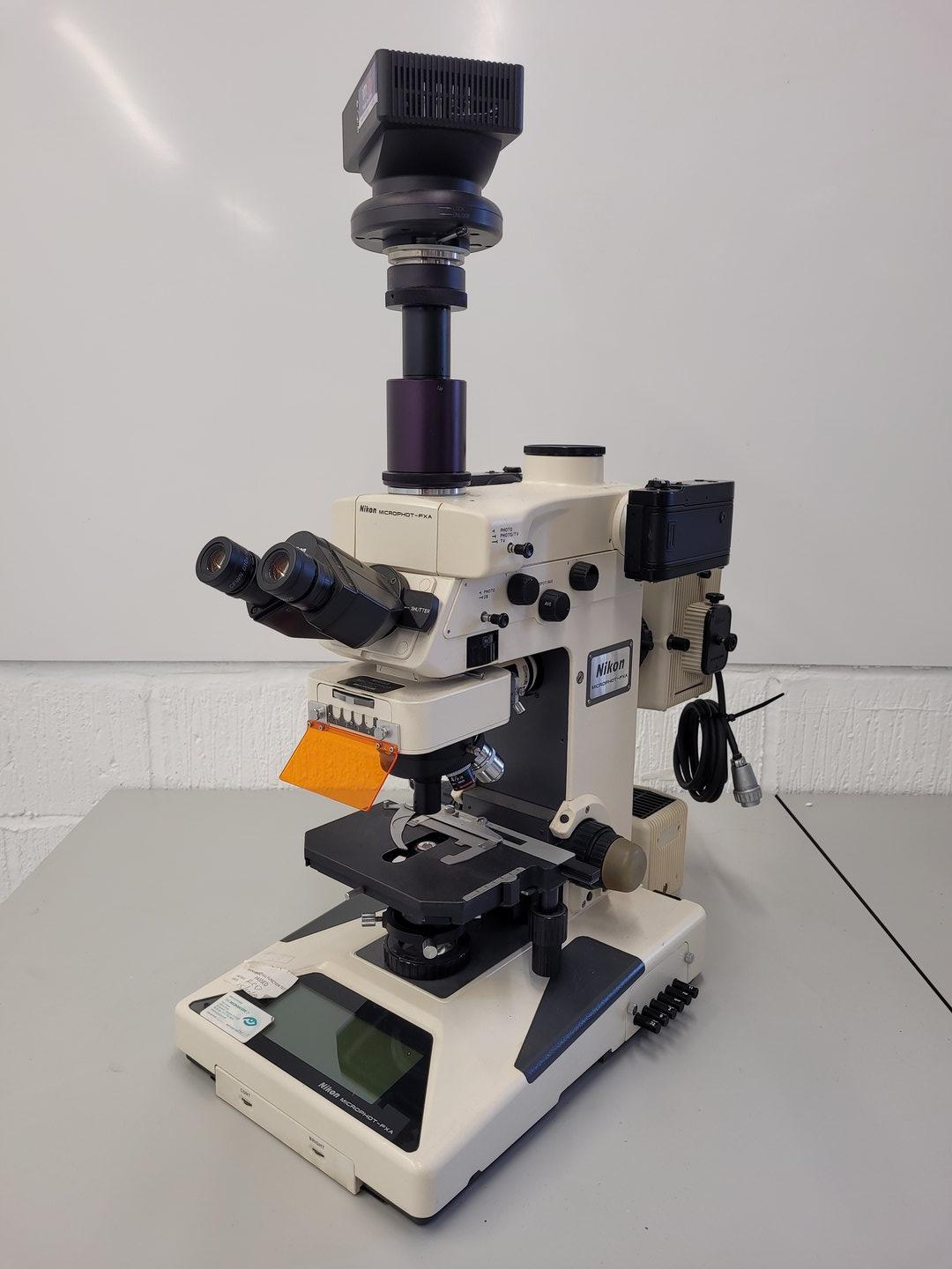 Image of Nikon Microphot-FXA Fluorescence Microscope with HP-10101AF PSU & 4 x Objectives