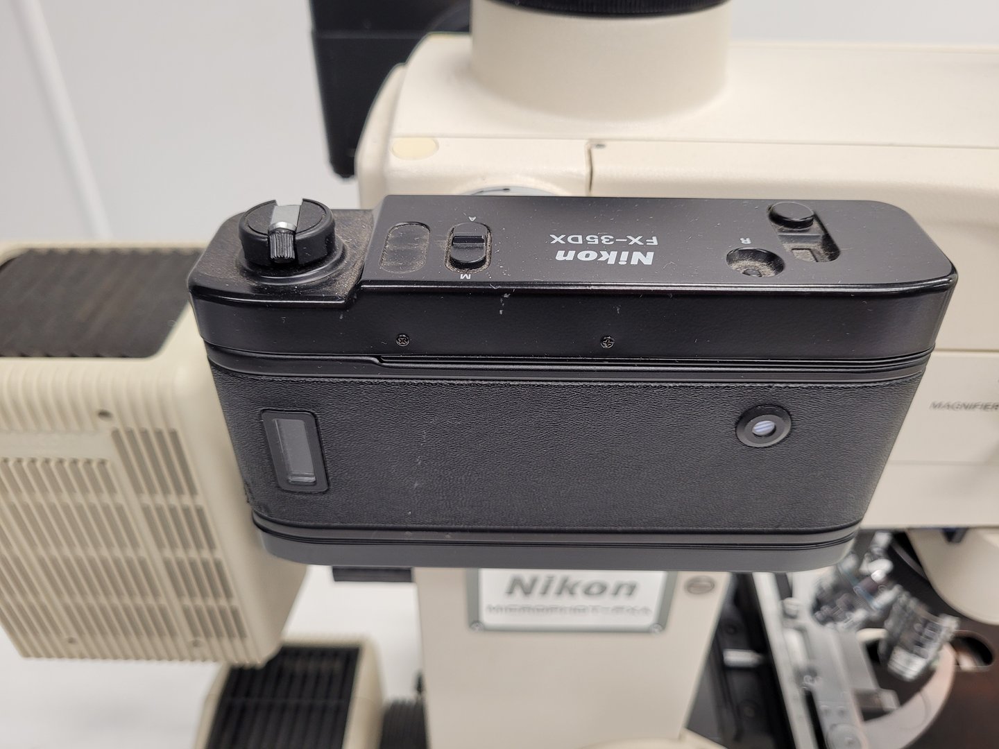 Image of Nikon Microphot-FXA Fluorescence Microscope with HP-10101AF PSU & 4 x Objectives