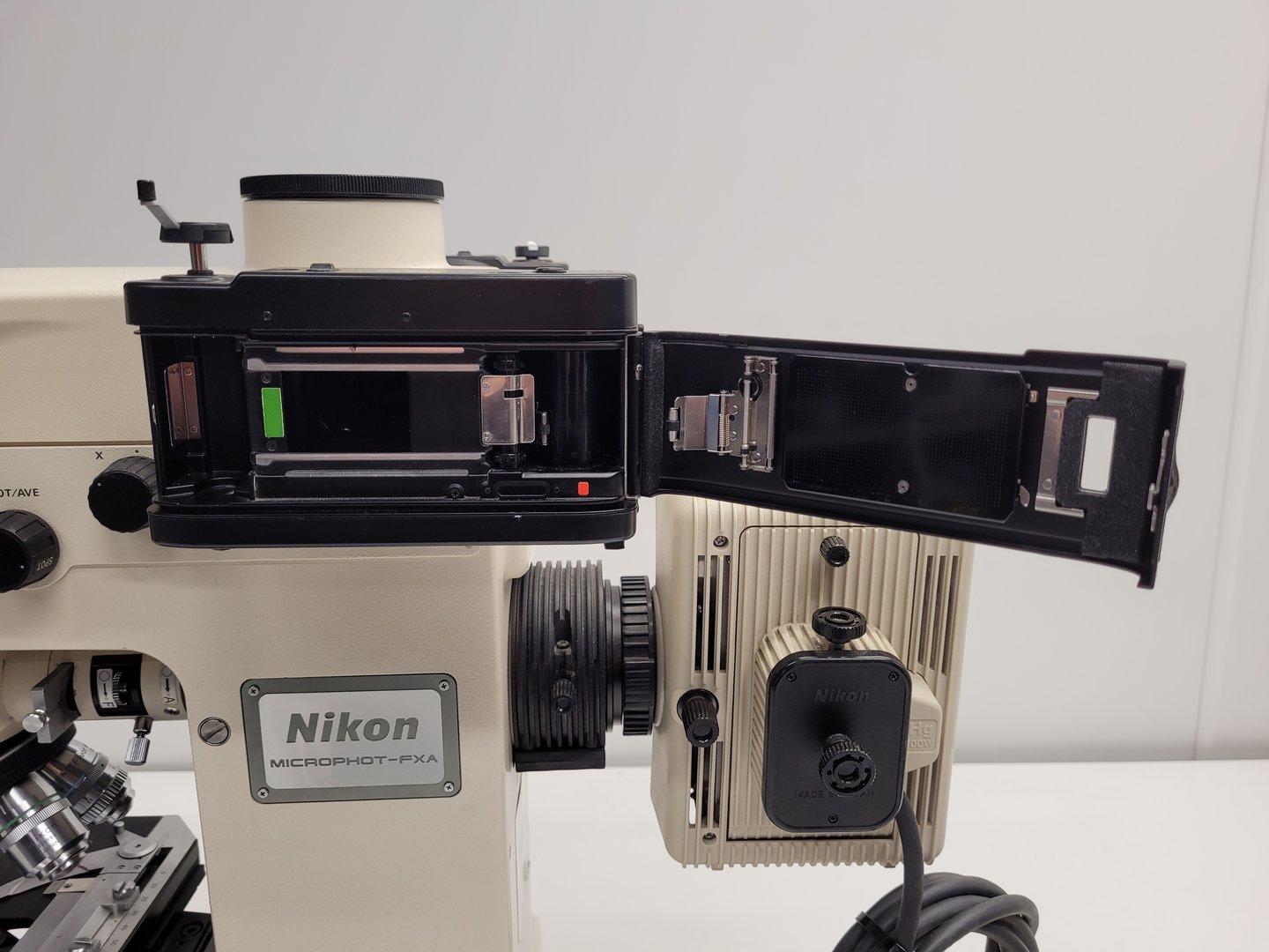 Image of Nikon Microphot-FXA Fluorescence Microscope with HP-10101AF PSU & 4 x Objectives