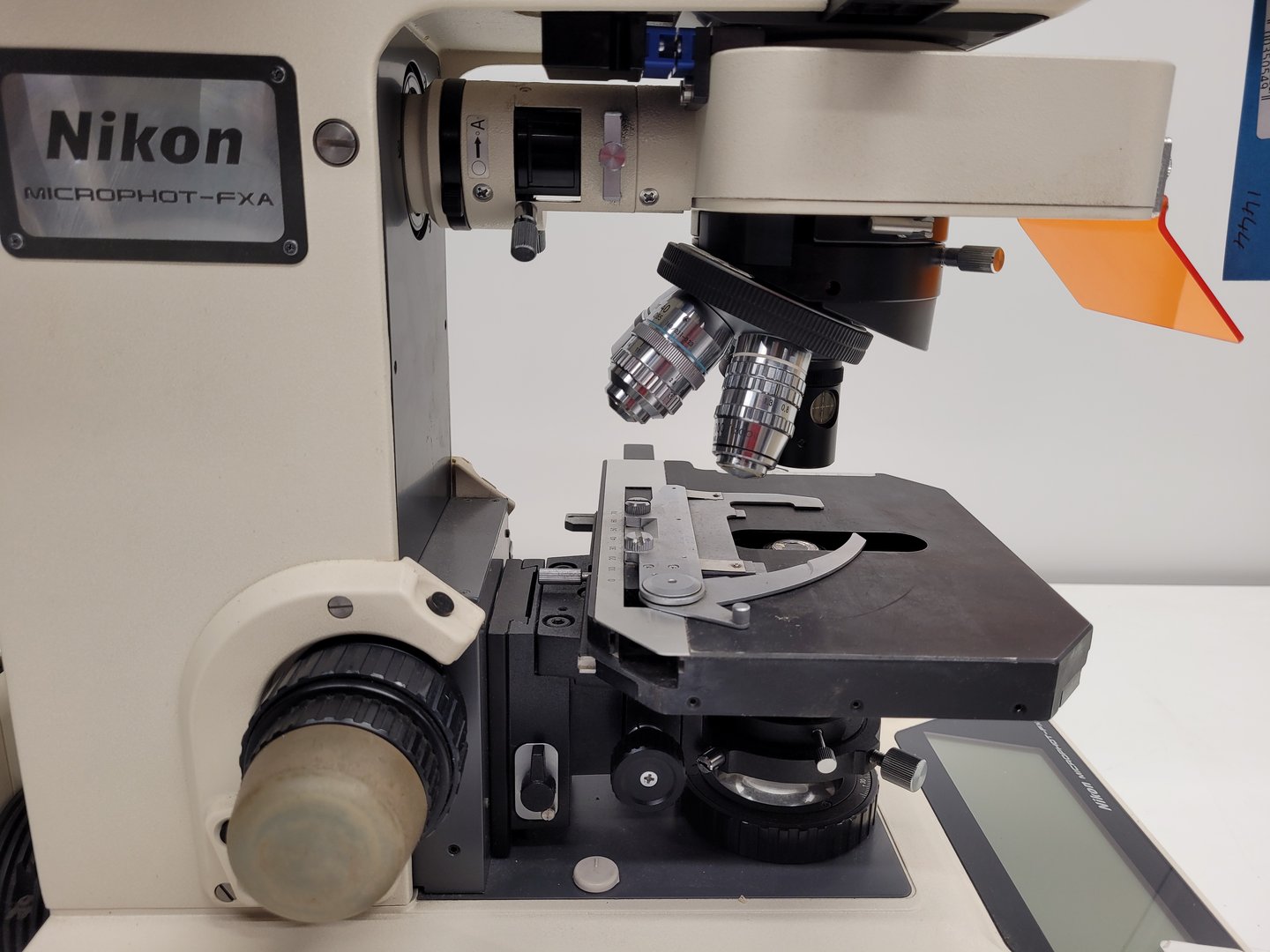 Image of Nikon Microphot-FXA Fluorescence Microscope with HP-10101AF PSU & 4 x Objectives