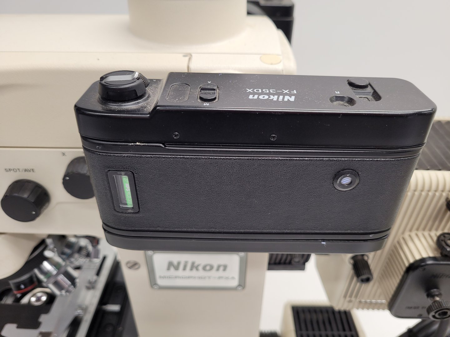 Image of Nikon Microphot-FXA Fluorescence Microscope with HP-10101AF PSU & 4 x Objectives