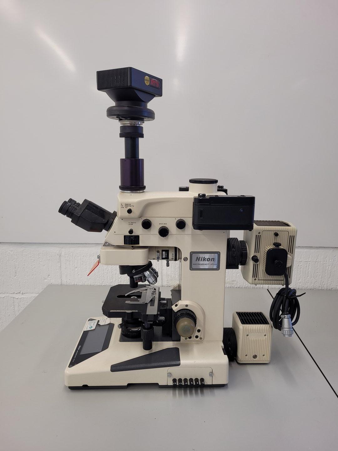 Image of Nikon Microphot-FXA Fluorescence Microscope with HP-10101AF PSU & 4 x Objectives