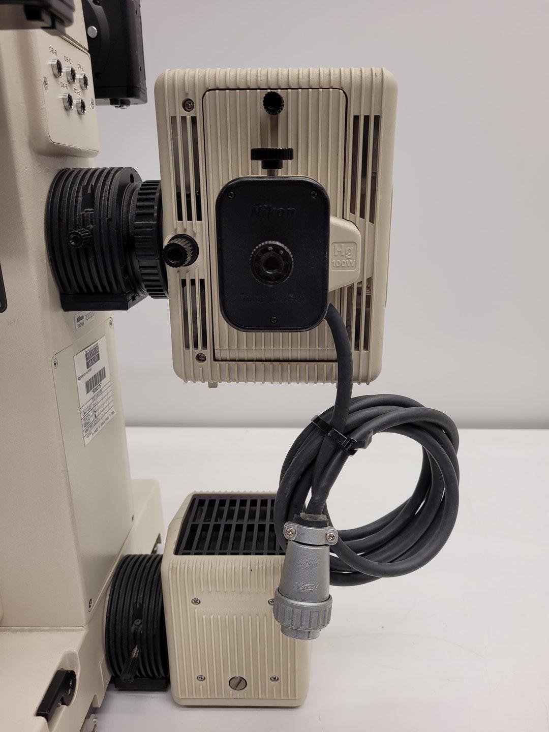 Image of Nikon Microphot-FXA Fluorescence Microscope with HP-10101AF PSU & 4 x Objectives