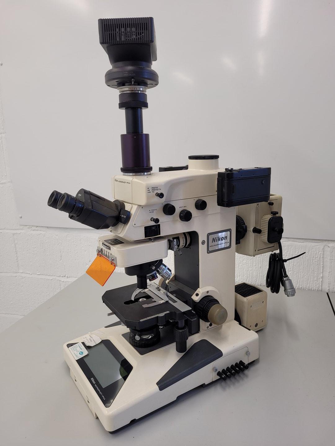 Image of Nikon Microphot-FXA Fluorescence Microscope with HP-10101AF PSU & 4 x Objectives