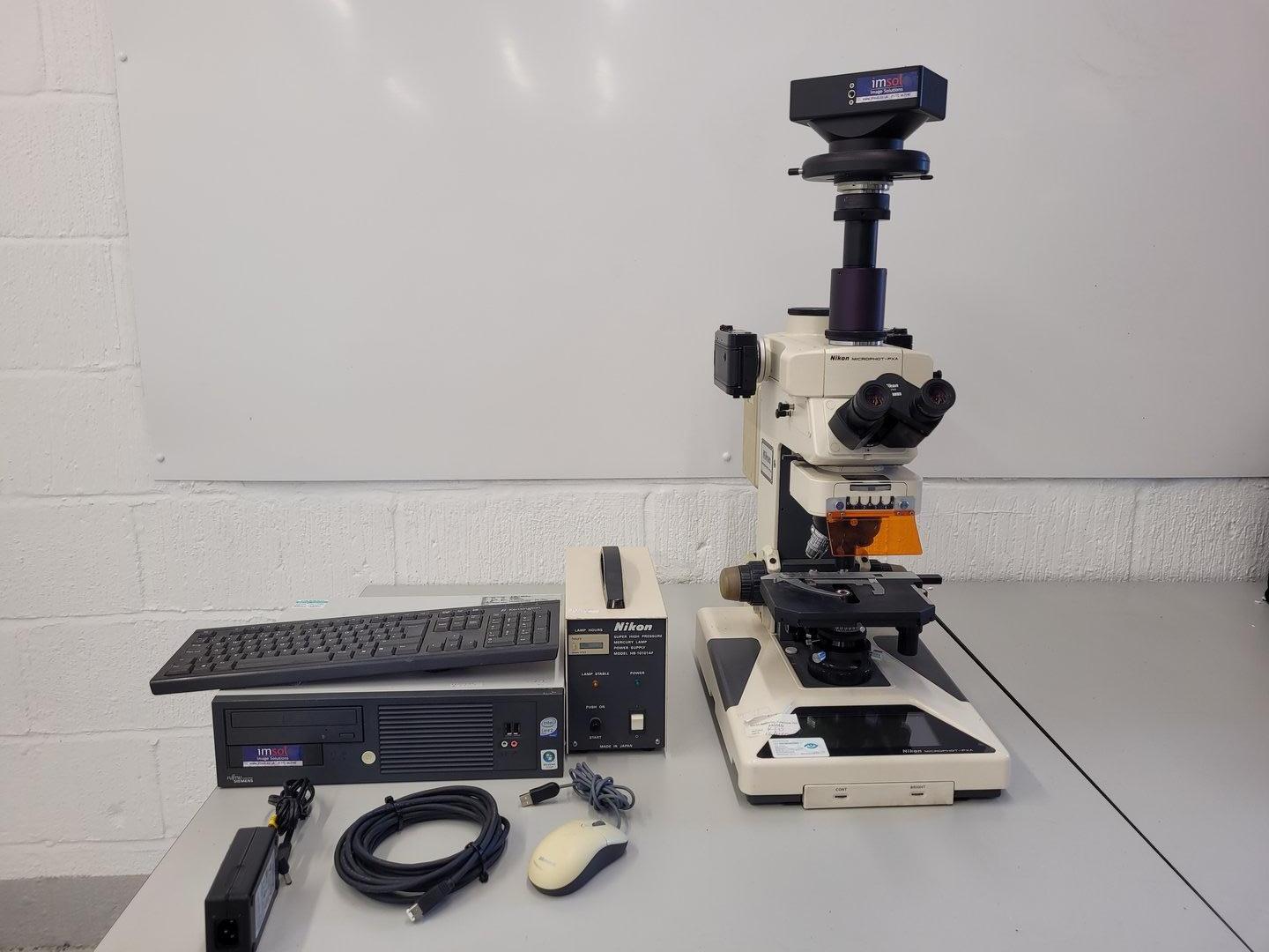 Image of Nikon Microphot-FXA Fluorescence Microscope with HP-10101AF PSU & 4 x Objectives