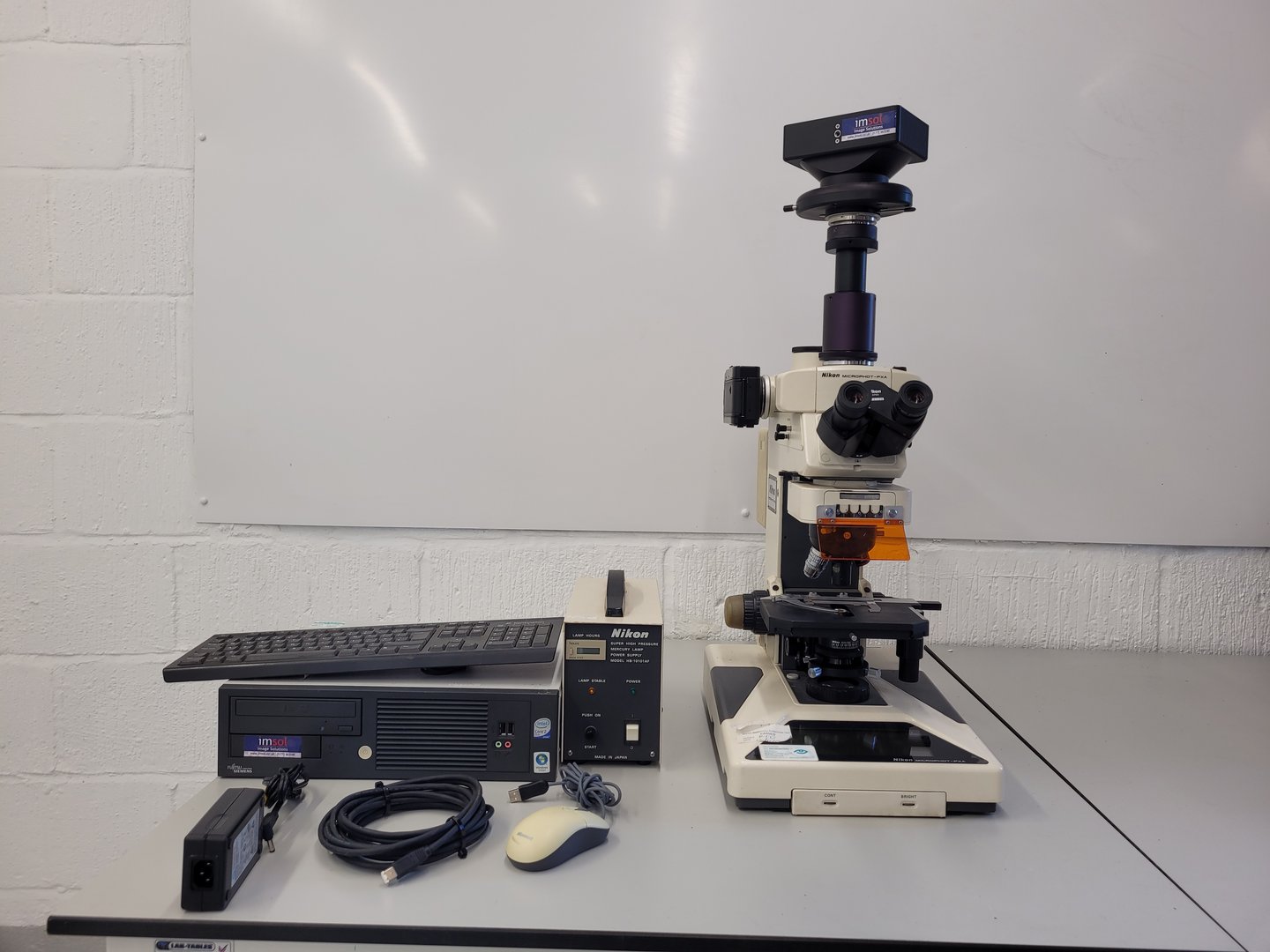 Image of Nikon Microphot-FXA Fluorescence Microscope with HP-10101AF PSU & 4 x Objectives