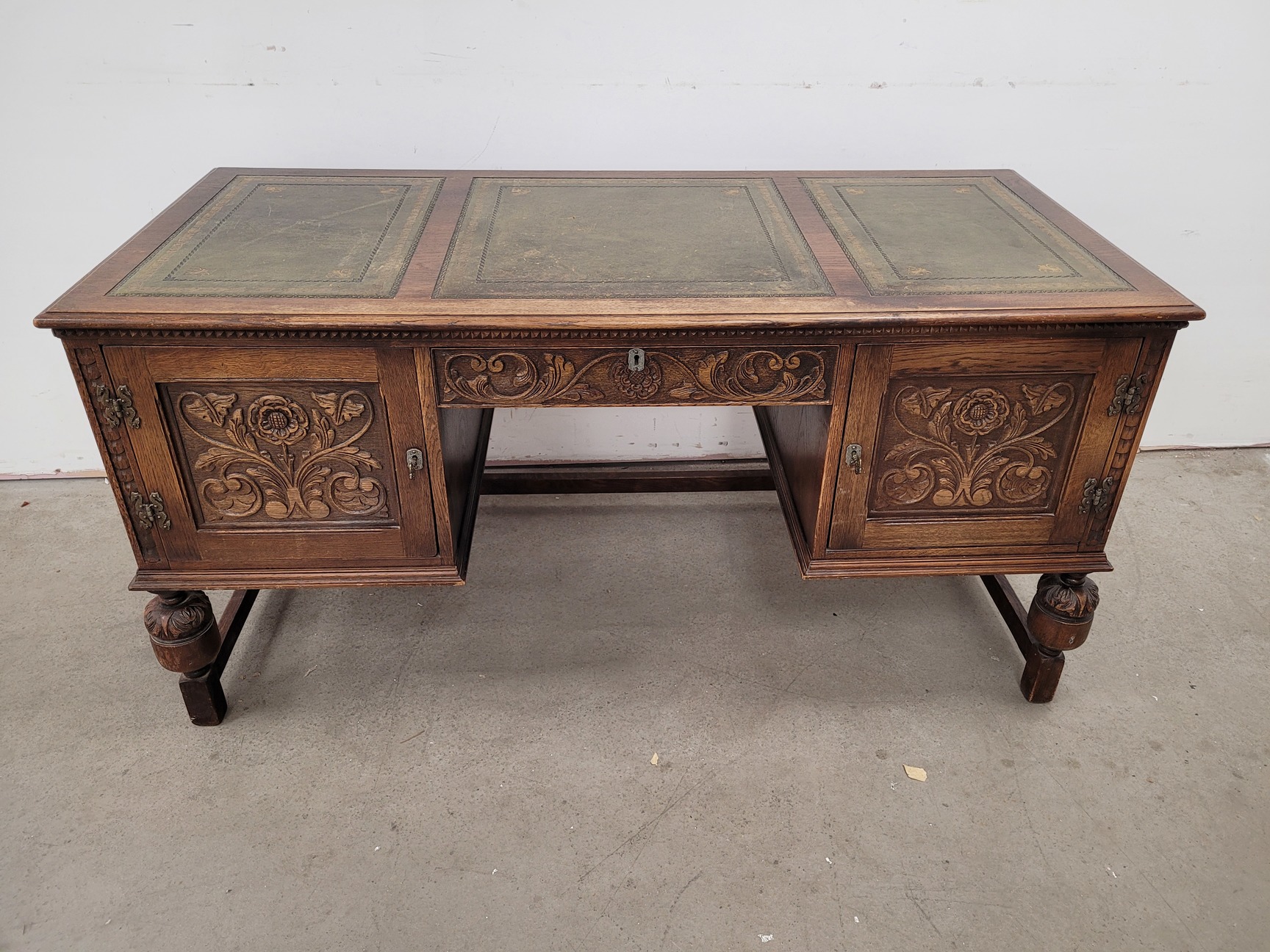 Image of Antique Carved Wood Leather Topped Twin Pedestal Desk with Cupboards and Drawers