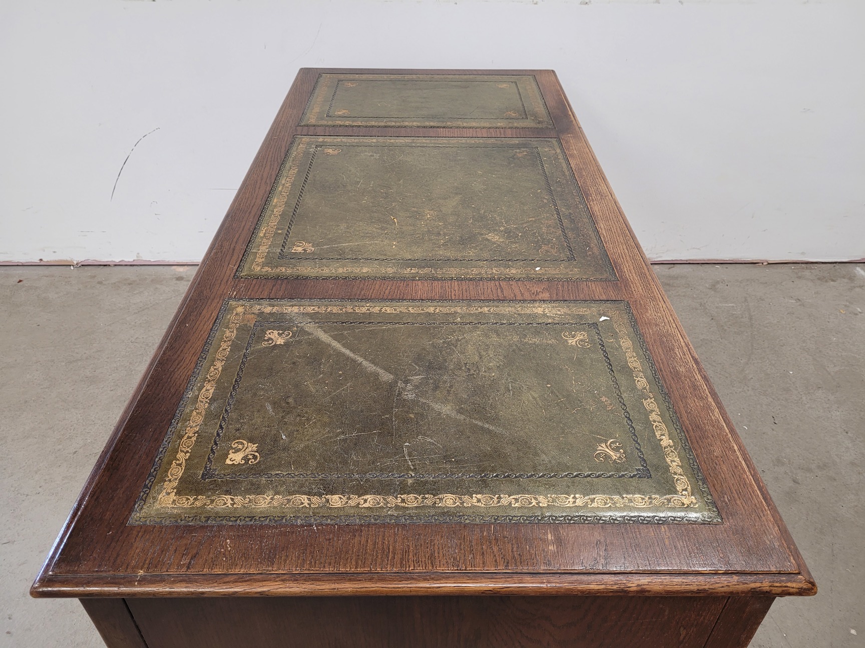 Image of Antique Carved Wood Leather Topped Twin Pedestal Desk with Cupboards and Drawers