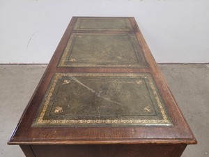 Thumbnail image of Antique Carved Wood Leather Topped Twin Pedestal Desk with Cupboards and Drawers
