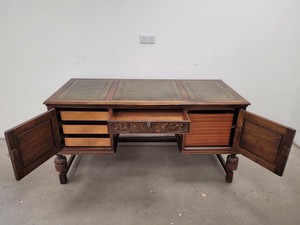 Thumbnail image of Antique Carved Wood Leather Topped Twin Pedestal Desk with Cupboards and Drawers