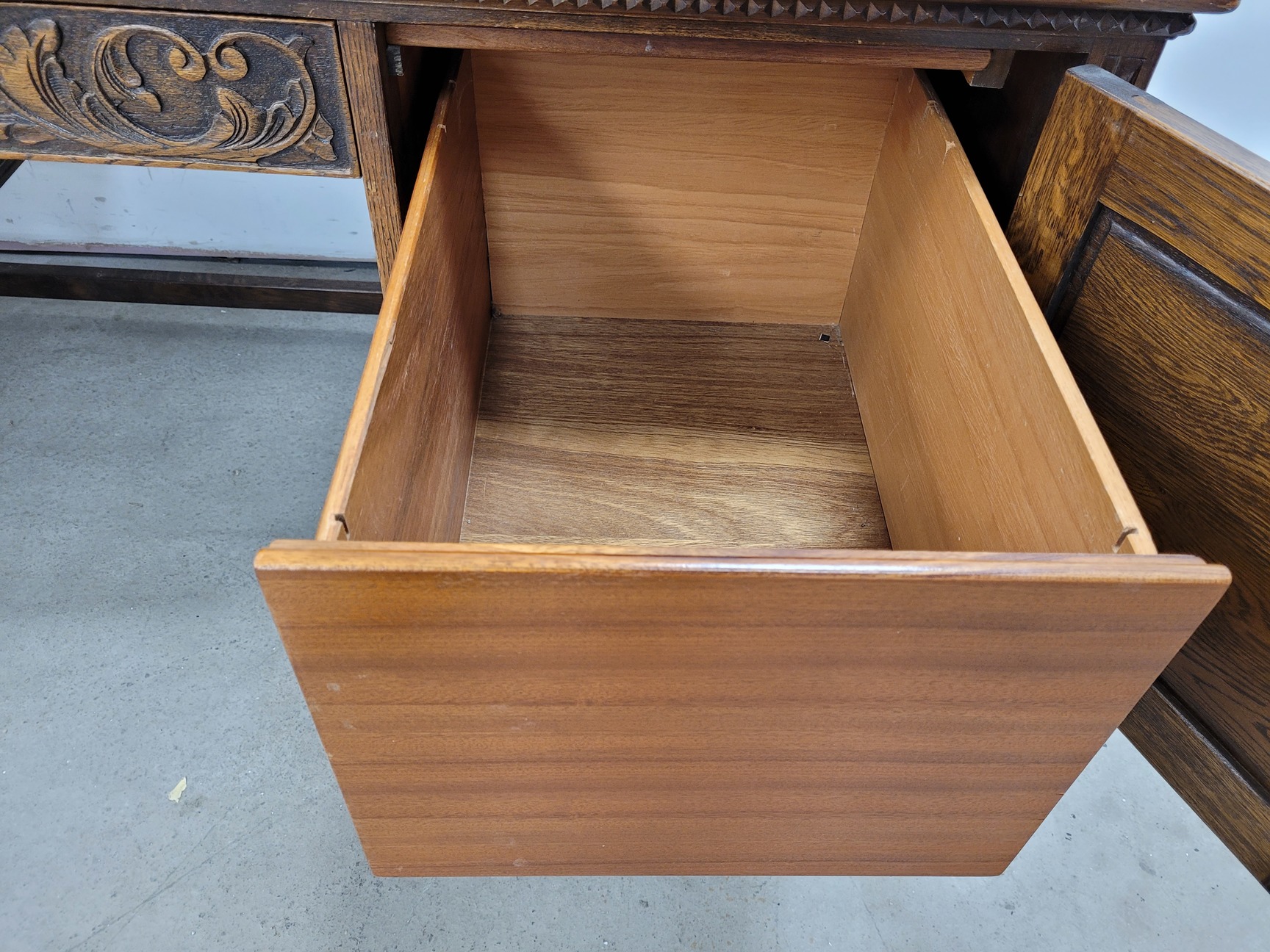 Image of Antique Carved Wood Leather Topped Twin Pedestal Desk with Cupboards and Drawers