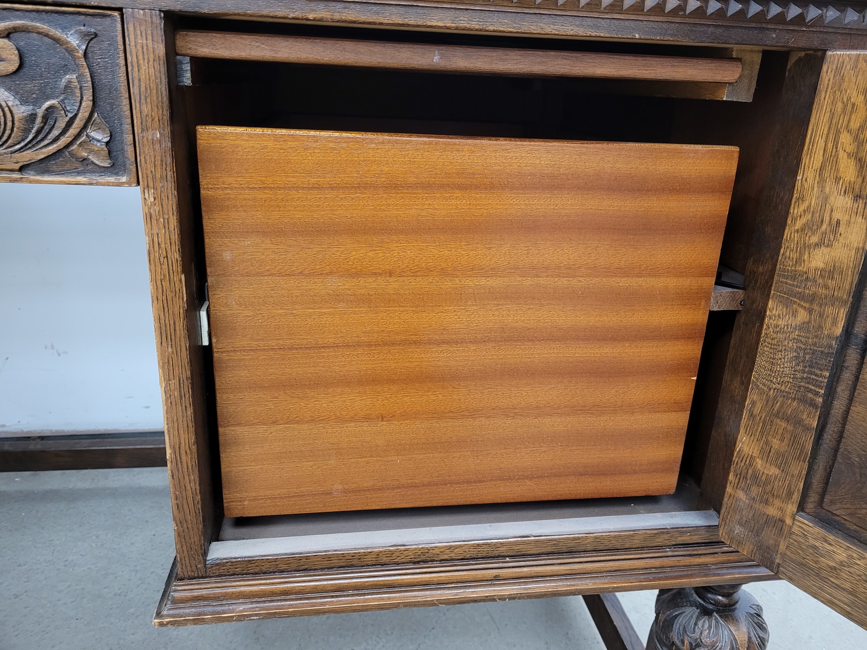 Image of Antique Carved Wood Leather Topped Twin Pedestal Desk with Cupboards and Drawers