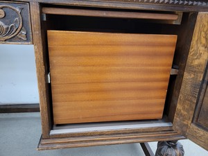 Thumbnail image of Antique Carved Wood Leather Topped Twin Pedestal Desk with Cupboards and Drawers