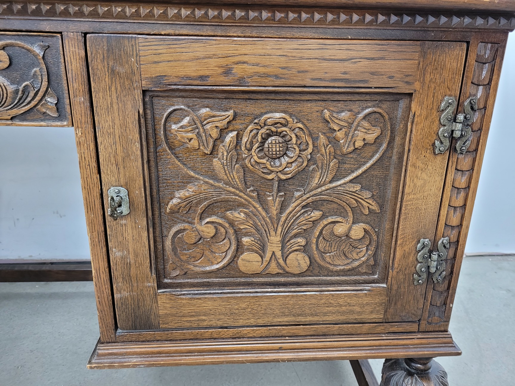 Image of Antique Carved Wood Leather Topped Twin Pedestal Desk with Cupboards and Drawers