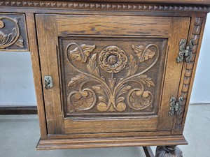 Thumbnail image of Antique Carved Wood Leather Topped Twin Pedestal Desk with Cupboards and Drawers