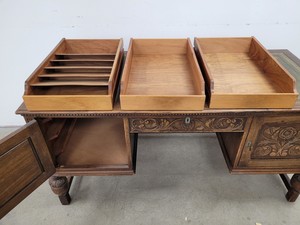 Thumbnail image of Antique Carved Wood Leather Topped Twin Pedestal Desk with Cupboards and Drawers