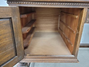 Thumbnail image of Antique Carved Wood Leather Topped Twin Pedestal Desk with Cupboards and Drawers
