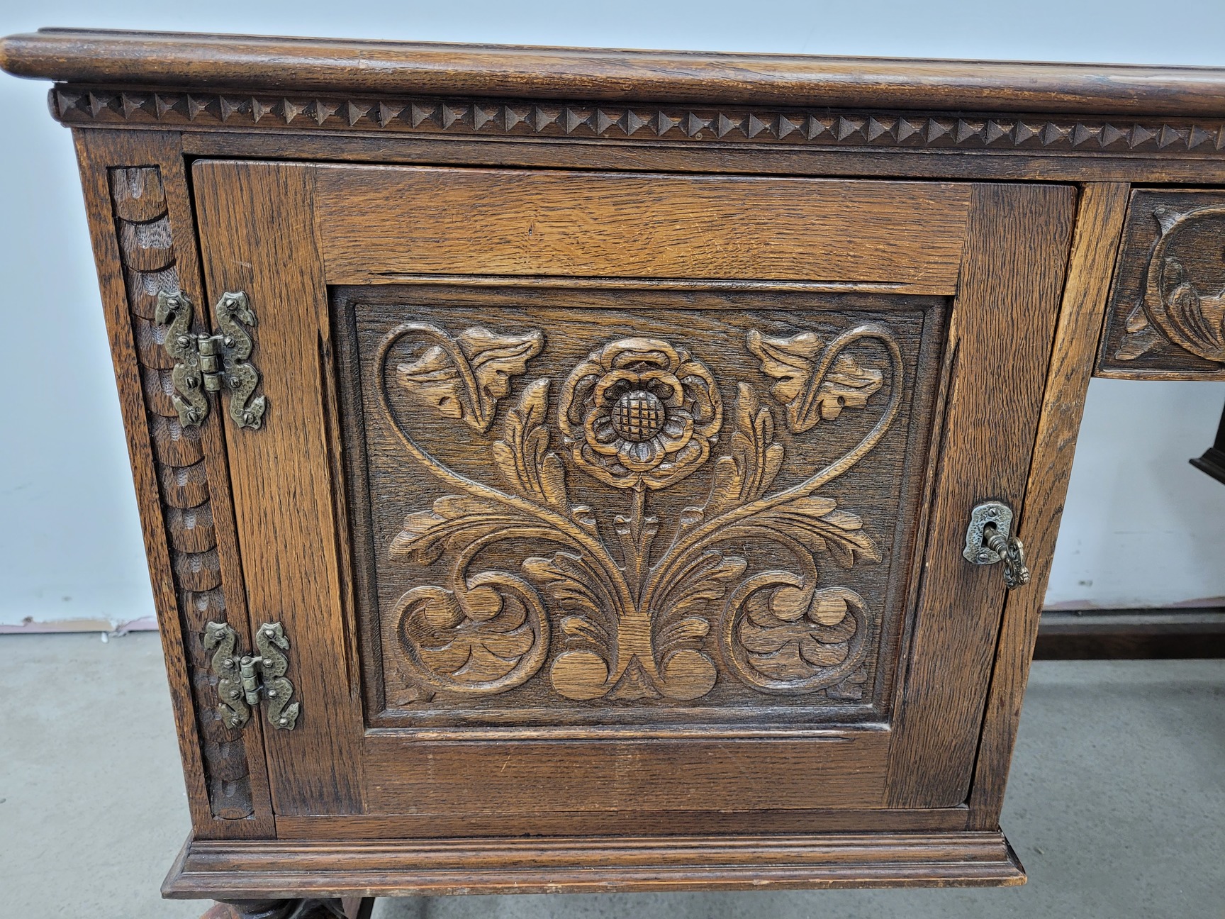 Image of Antique Carved Wood Leather Topped Twin Pedestal Desk with Cupboards and Drawers