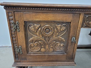 Thumbnail image of Antique Carved Wood Leather Topped Twin Pedestal Desk with Cupboards and Drawers