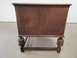 Thumbnail image of Antique Carved Wood Leather Topped Twin Pedestal Desk with Cupboards and Drawers