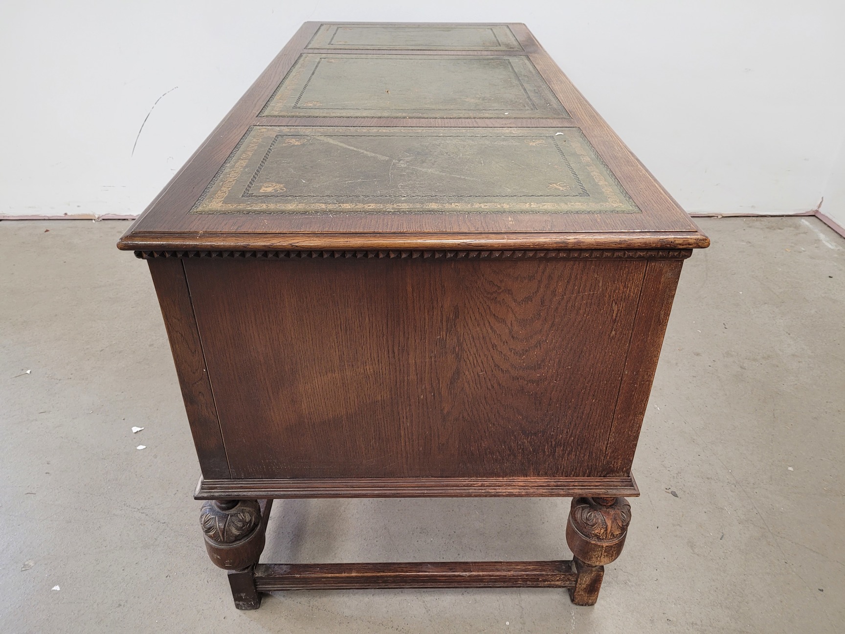 Image of Antique Carved Wood Leather Topped Twin Pedestal Desk with Cupboards and Drawers