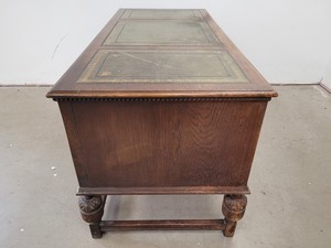 Thumbnail image of Antique Carved Wood Leather Topped Twin Pedestal Desk with Cupboards and Drawers