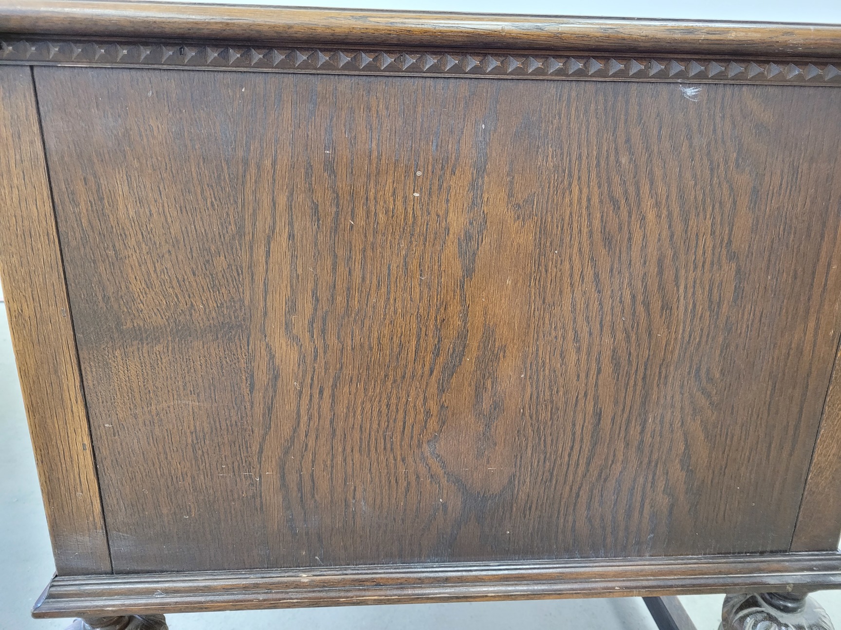 Image of Antique Carved Wood Leather Topped Twin Pedestal Desk with Cupboards and Drawers