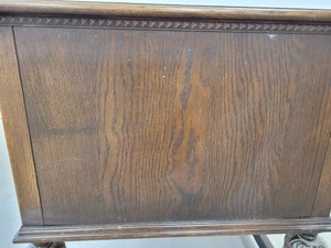 Thumbnail image of Antique Carved Wood Leather Topped Twin Pedestal Desk with Cupboards and Drawers