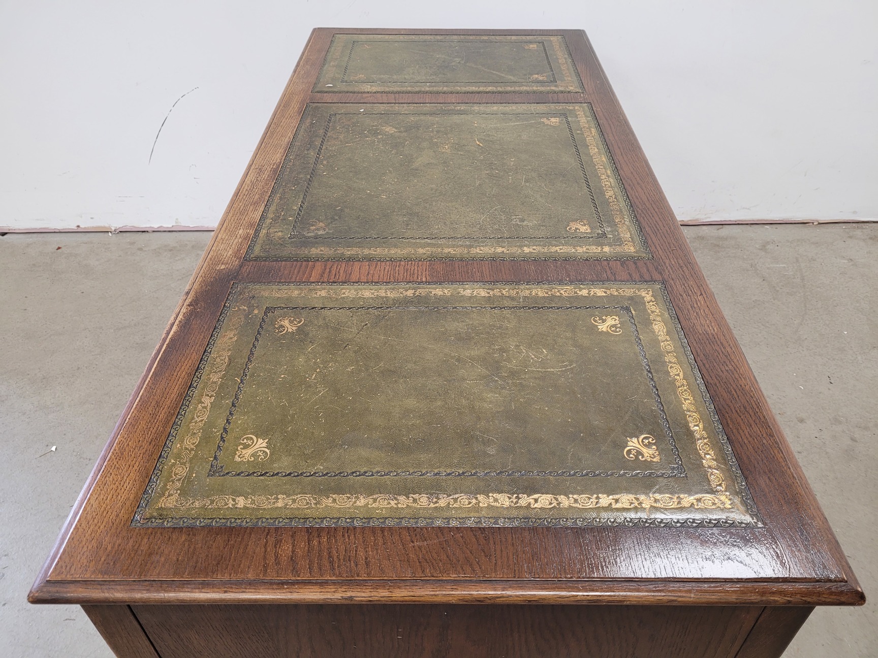 Image of Antique Carved Wood Leather Topped Twin Pedestal Desk with Cupboards and Drawers