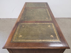 Thumbnail image of Antique Carved Wood Leather Topped Twin Pedestal Desk with Cupboards and Drawers
