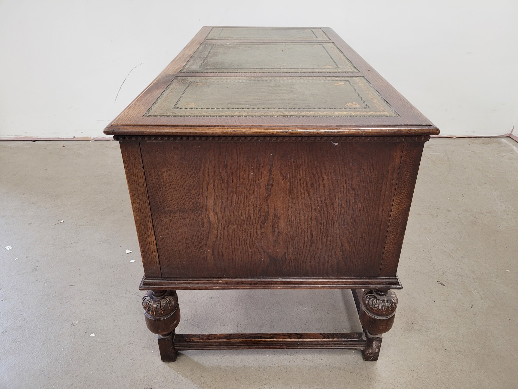Image of Antique Carved Wood Leather Topped Twin Pedestal Desk with Cupboards and Drawers