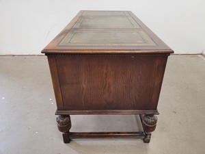 Thumbnail image of Antique Carved Wood Leather Topped Twin Pedestal Desk with Cupboards and Drawers