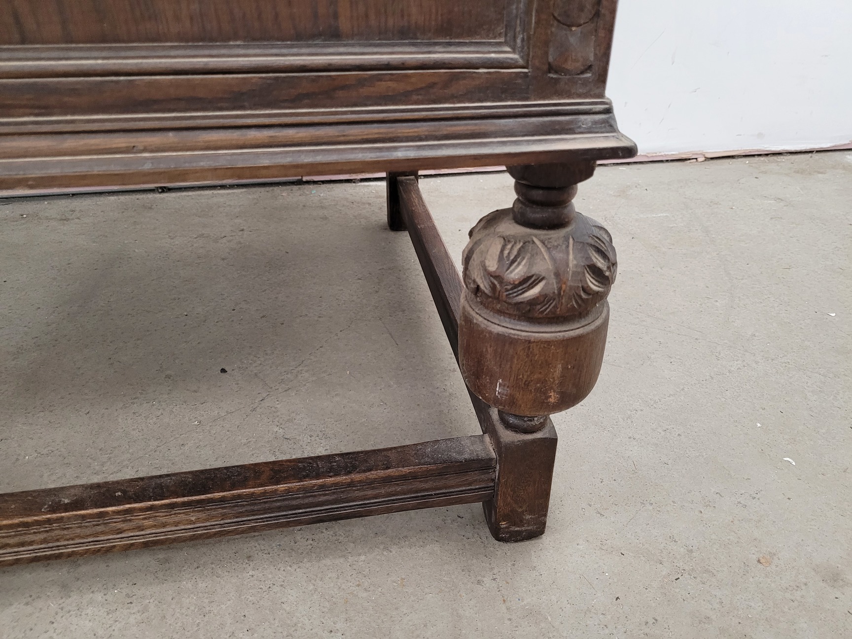 Image of Antique Carved Wood Leather Topped Twin Pedestal Desk with Cupboards and Drawers