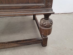 Thumbnail image of Antique Carved Wood Leather Topped Twin Pedestal Desk with Cupboards and Drawers