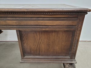 Thumbnail image of Antique Carved Wood Leather Topped Twin Pedestal Desk with Cupboards and Drawers