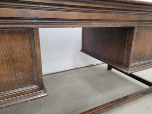 Thumbnail image of Antique Carved Wood Leather Topped Twin Pedestal Desk with Cupboards and Drawers