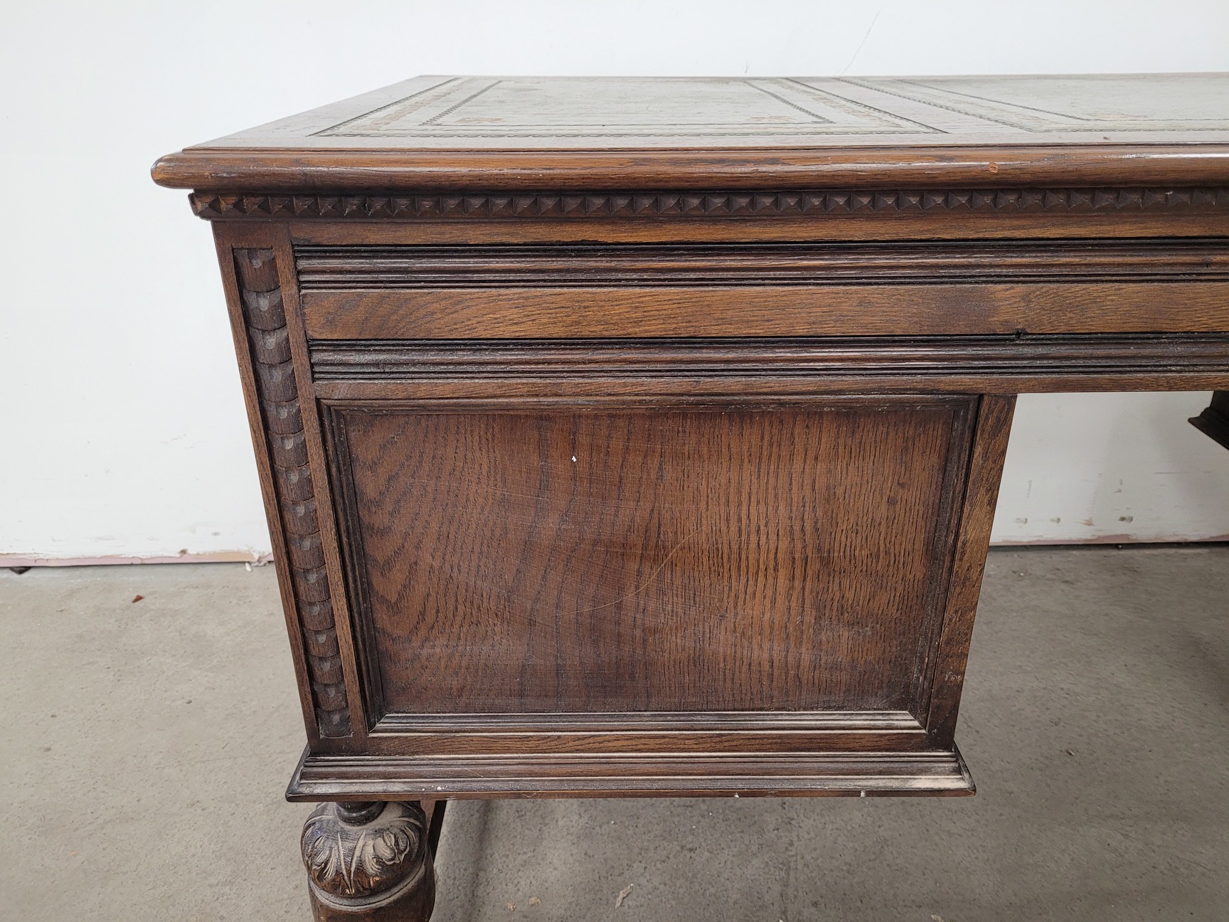 Image of Antique Carved Wood Leather Topped Twin Pedestal Desk with Cupboards and Drawers