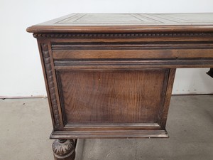Thumbnail image of Antique Carved Wood Leather Topped Twin Pedestal Desk with Cupboards and Drawers