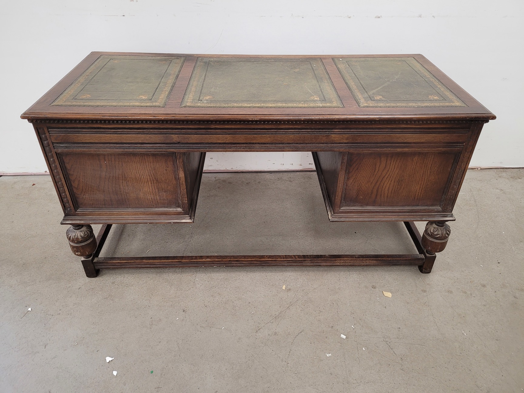 Image of Antique Carved Wood Leather Topped Twin Pedestal Desk with Cupboards and Drawers