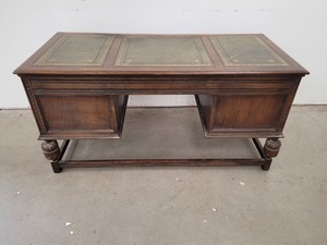 Thumbnail image of Antique Carved Wood Leather Topped Twin Pedestal Desk with Cupboards and Drawers