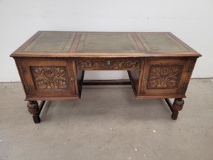 Thumbnail image of Antique Carved Wood Leather Topped Twin Pedestal Desk with Cupboards and Drawers
