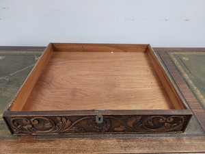 Thumbnail image of Antique Carved Wood Leather Topped Twin Pedestal Desk with Cupboards and Drawers