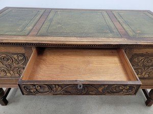 Thumbnail image of Antique Carved Wood Leather Topped Twin Pedestal Desk with Cupboards and Drawers