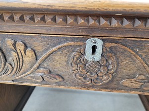 Thumbnail image of Antique Carved Wood Leather Topped Twin Pedestal Desk with Cupboards and Drawers