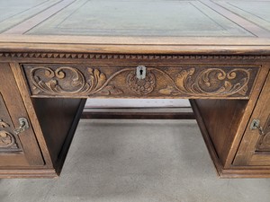 Thumbnail image of Antique Carved Wood Leather Topped Twin Pedestal Desk with Cupboards and Drawers