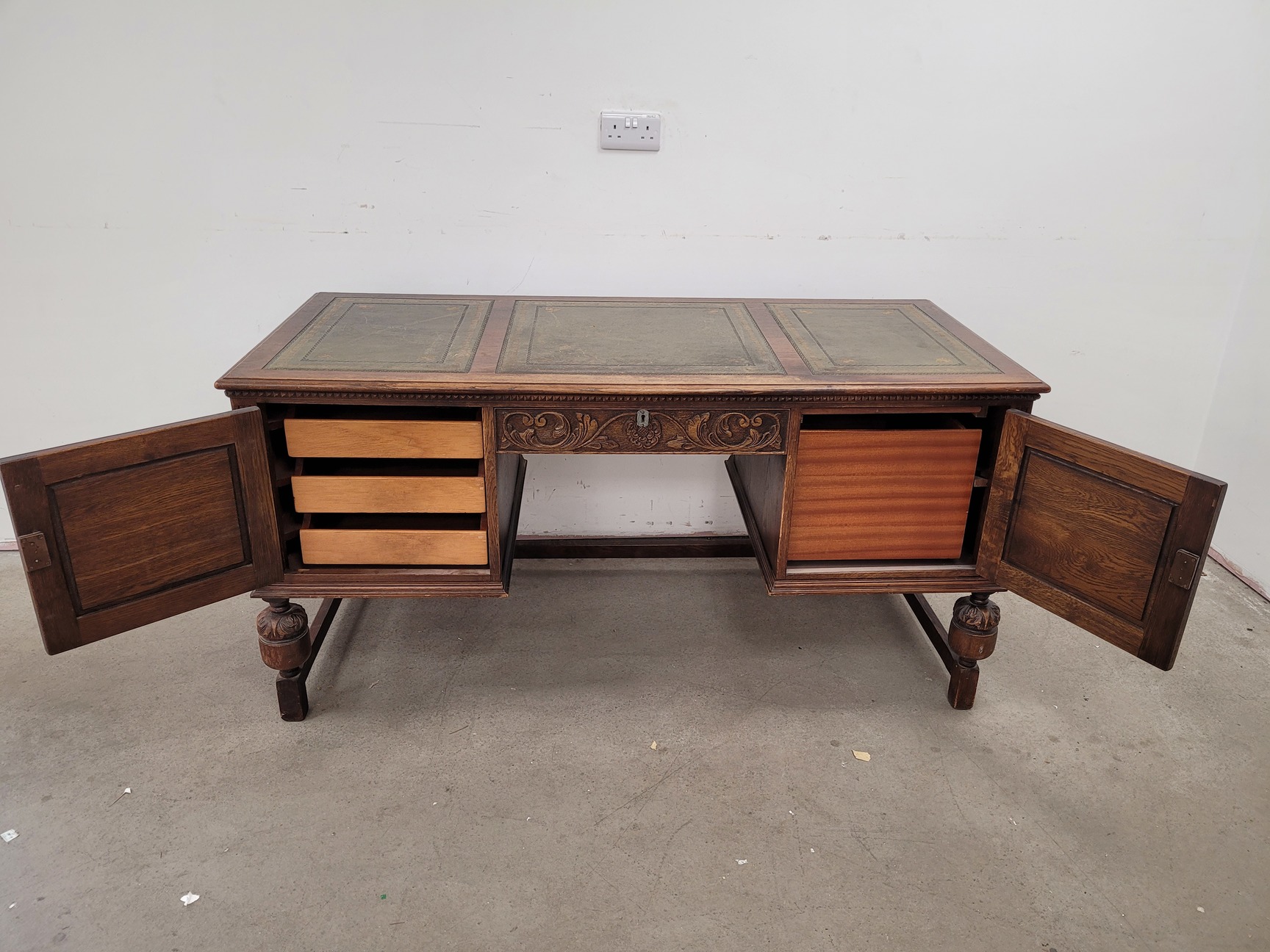 Image of Antique Carved Wood Leather Topped Twin Pedestal Desk with Cupboards and Drawers